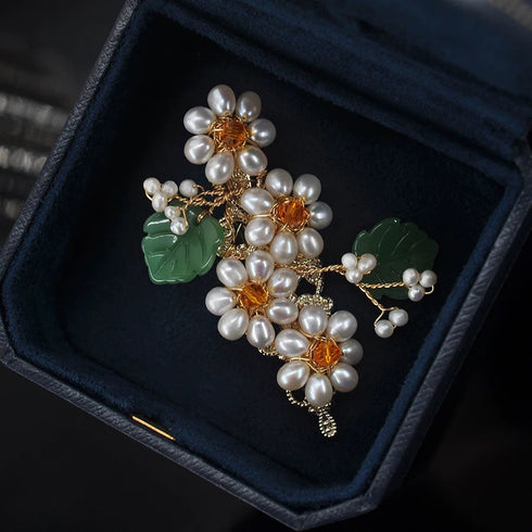 Floral Pearl and Green Leaf Hair Barrette